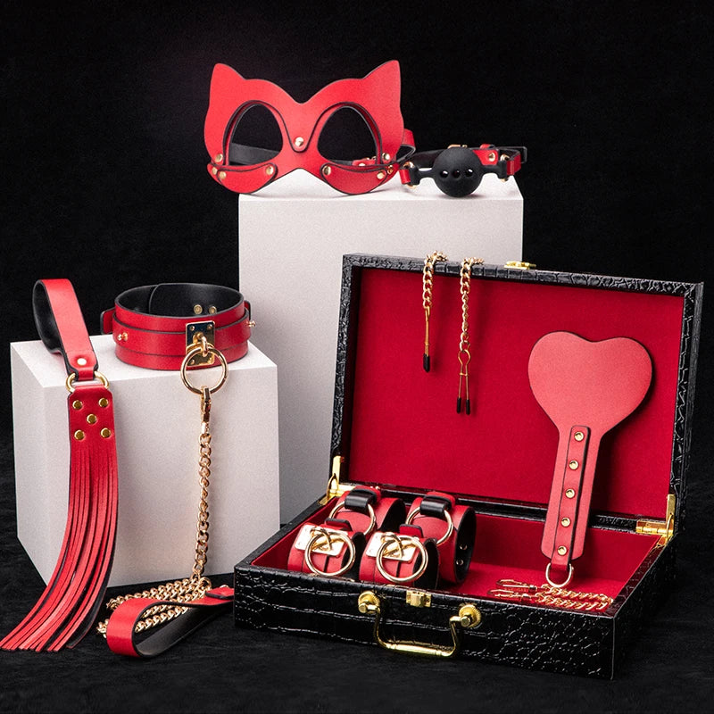 BLACKWOLF BDSM Kits Genuine Leather Bondage Set Fetish Handcuffs Collar Gag Whip Erotic Sex Toys For Women Couples Adult Games
