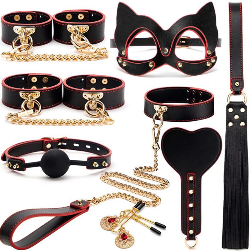 BLACKWOLF BDSM Kits Genuine Leather Bondage Set Fetish Handcuffs Collar Gag Whip Erotic Sex Toys For Women Couples Adult Games