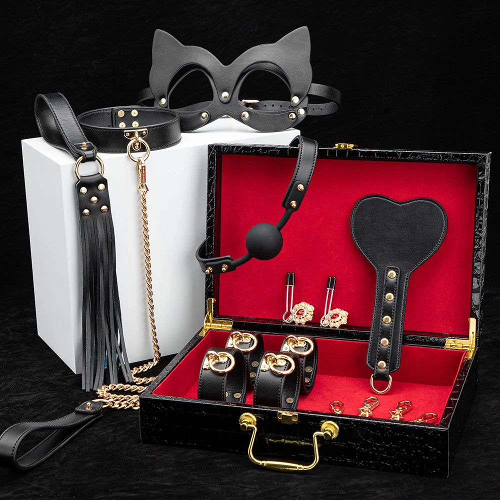 BLACKWOLF BDSM Kits Genuine Leather Bondage Set Fetish Handcuffs Collar Gag Whip Erotic Sex Toys For Women Couples Adult Games