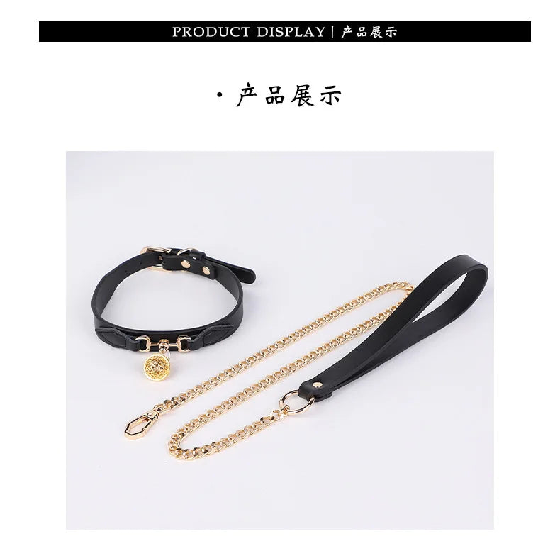 CKQU BDSM Leather Adjustable Neck Collar with Metal Chain & Bell for Adult Bondage Roleplay Luminous Safe Control Hot Sale