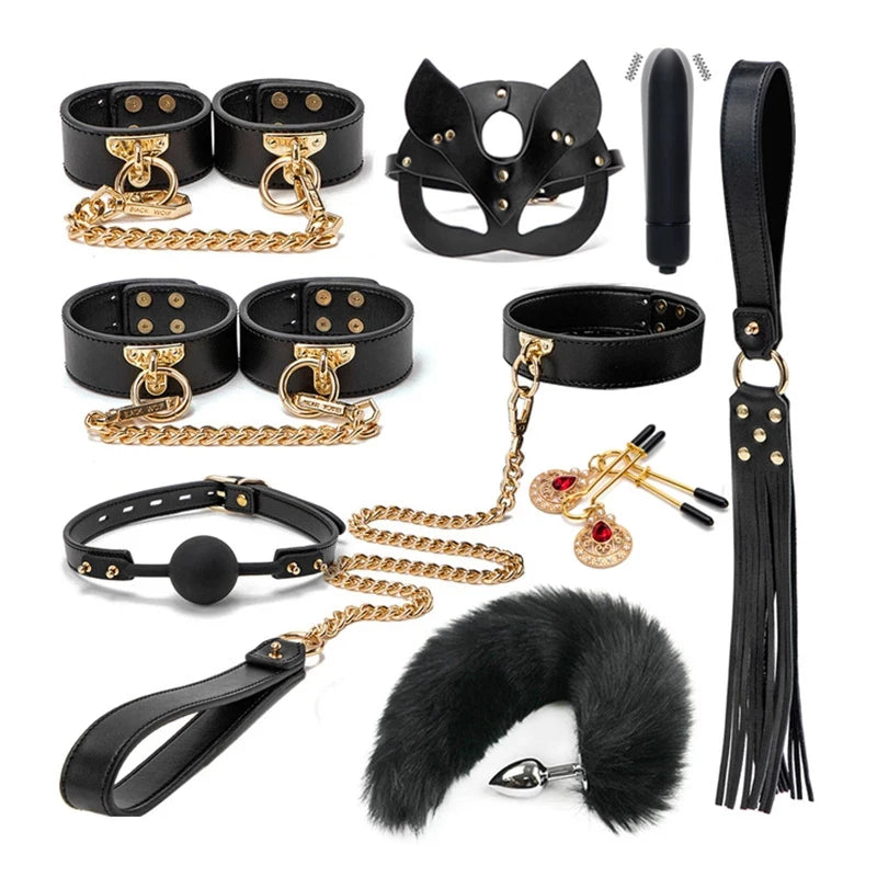 BLACKWOLF BDSM Kits Genuine Leather Bondage Set Fetish Handcuffs Collar Gag Whip Erotic Sex Toys For Women Couples Adult Games