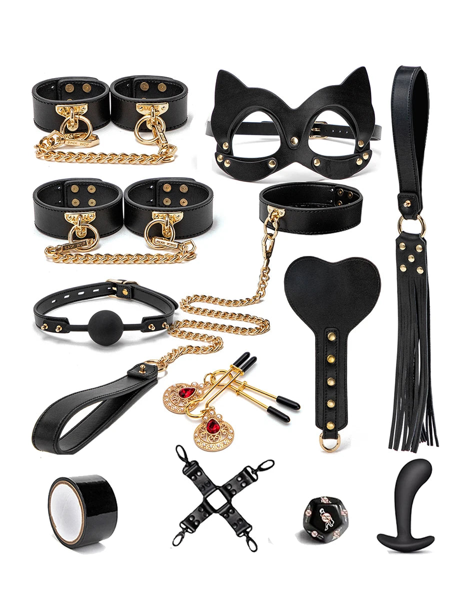 BLACKWOLF BDSM Kits Genuine Leather Bondage Set Fetish Handcuffs Collar Gag Whip Erotic Sex Toys For Women Couples Adult Games