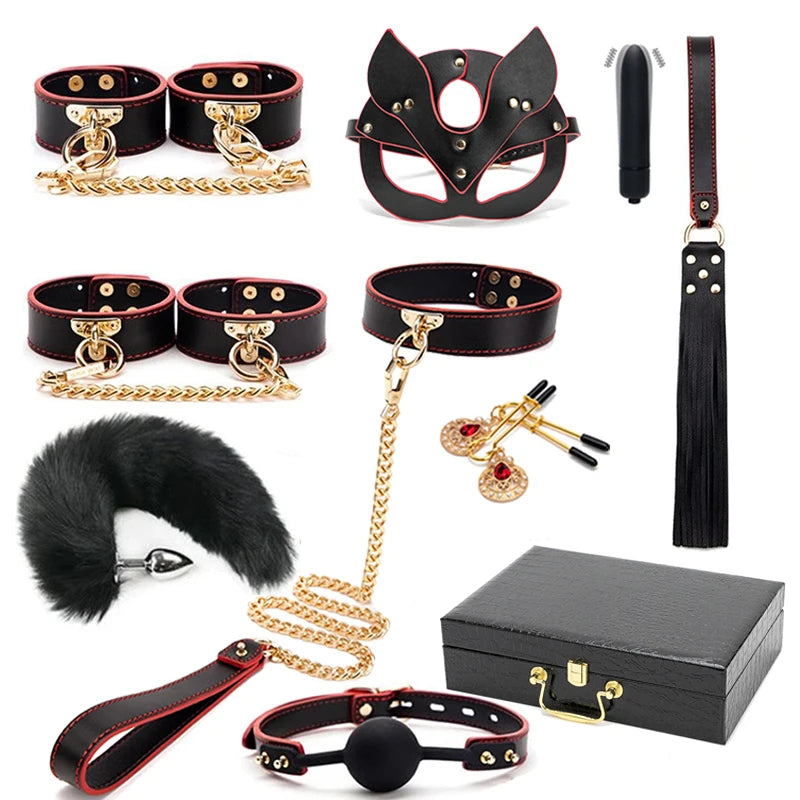 BLACKWOLF BDSM Kits Genuine Leather Bondage Set Fetish Handcuffs Collar Gag Whip Erotic Sex Toys For Women Couples Adult Games