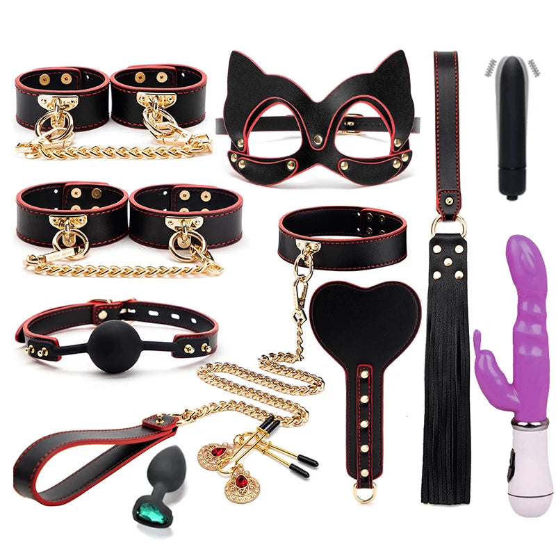 BLACKWOLF BDSM Kits Genuine Leather Bondage Set Fetish Handcuffs Collar Gag Whip Erotic Sex Toys For Women Couples Adult Games