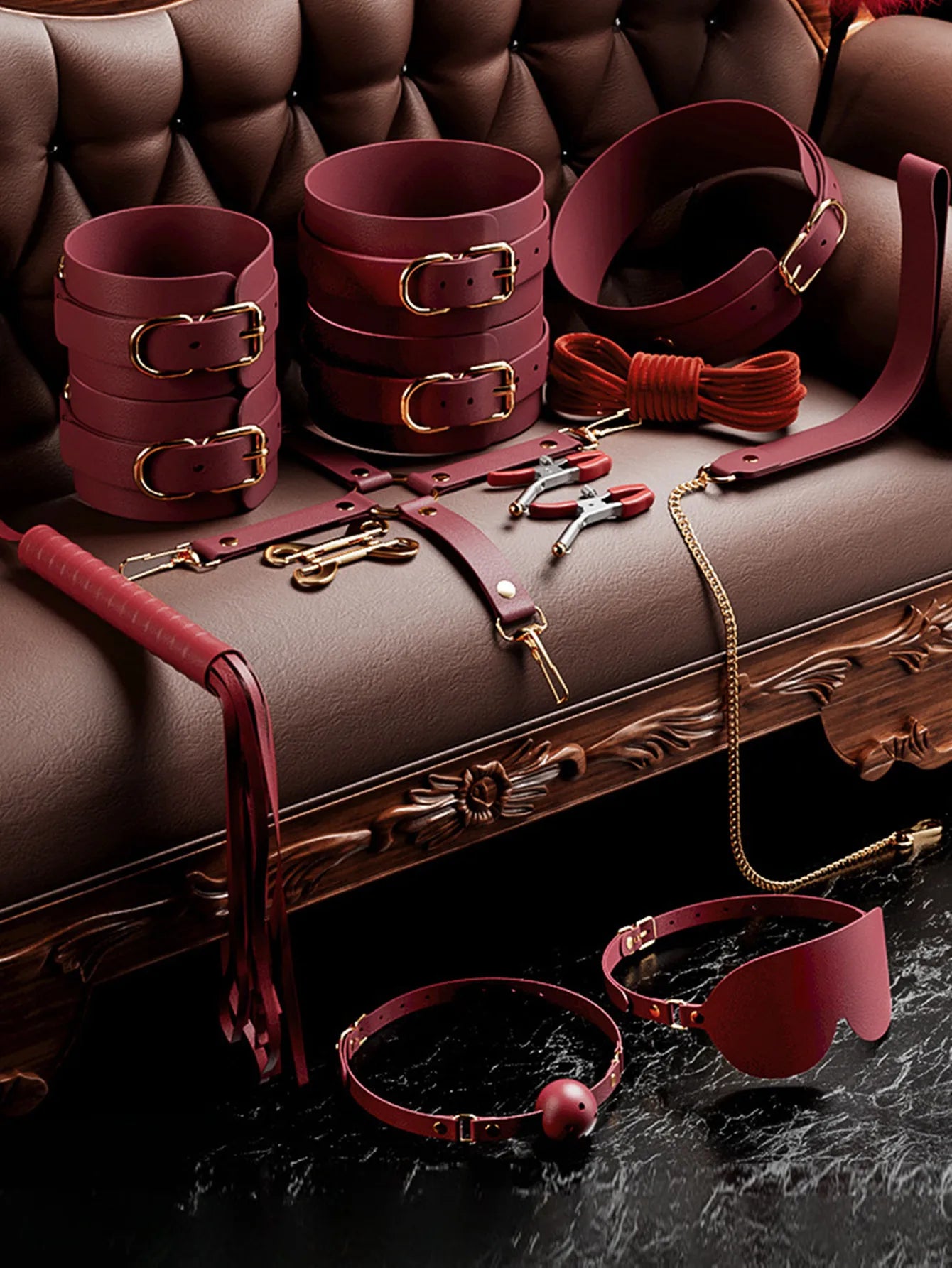 Sexy BDSM Leather Plush Bundle Set, Exotic Sex Toy, Gear Collar, Hip, Oral Erotic Bundle, Eye Mask, Whipping Nipple Clip