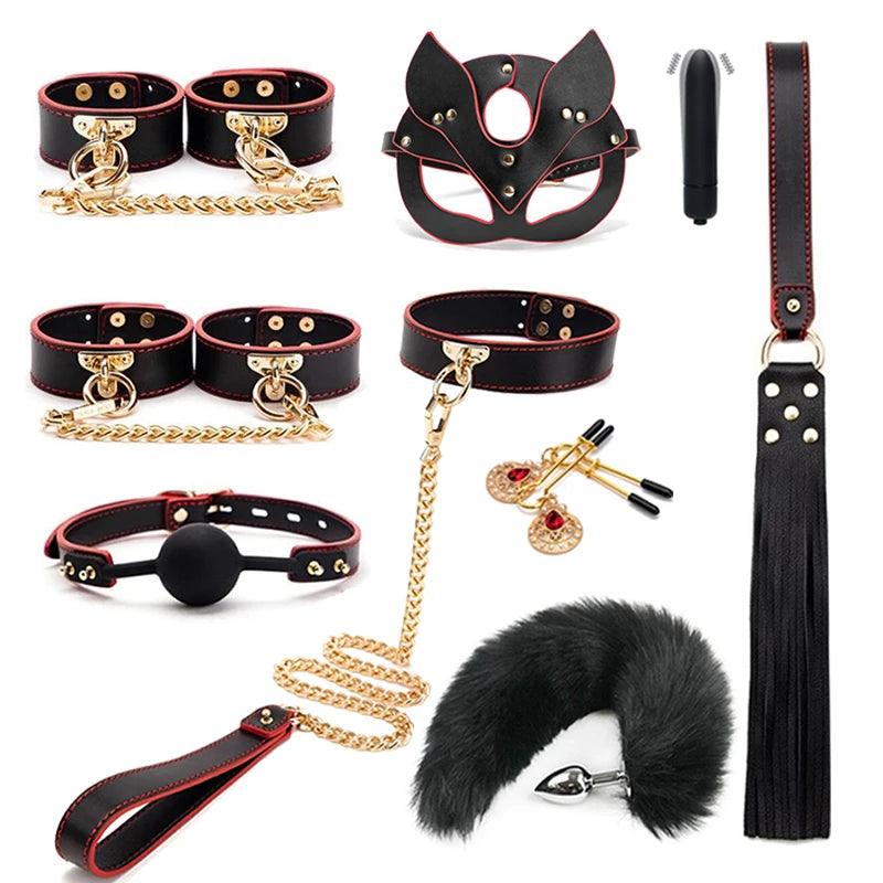 BLACKWOLF BDSM Kits Genuine Leather Bondage Set Fetish Handcuffs Collar Gag Whip Erotic Sex Toys For Women Couples Adult Games
