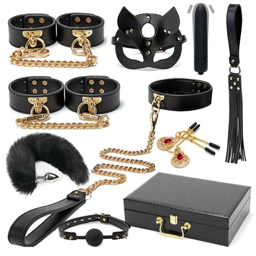 BLACKWOLF BDSM Kits Genuine Leather Bondage Set Fetish Handcuffs Collar Gag Whip Erotic Sex Toys For Women Couples Adult Games