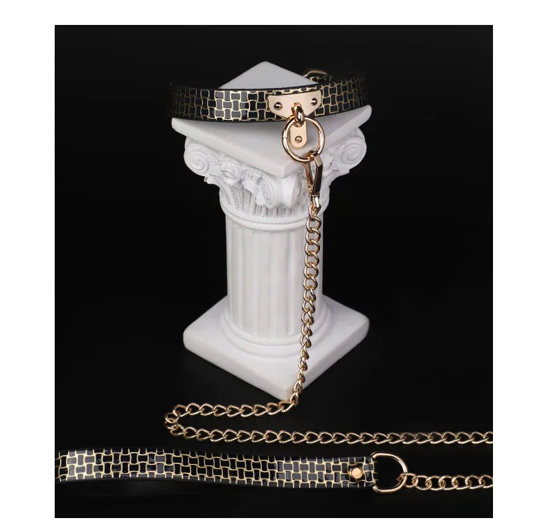 CKQU BDSM Leather Adjustable Neck Collar with Metal Chain & Bell for Adult Bondage Roleplay Luminous Safe Control Hot Sale