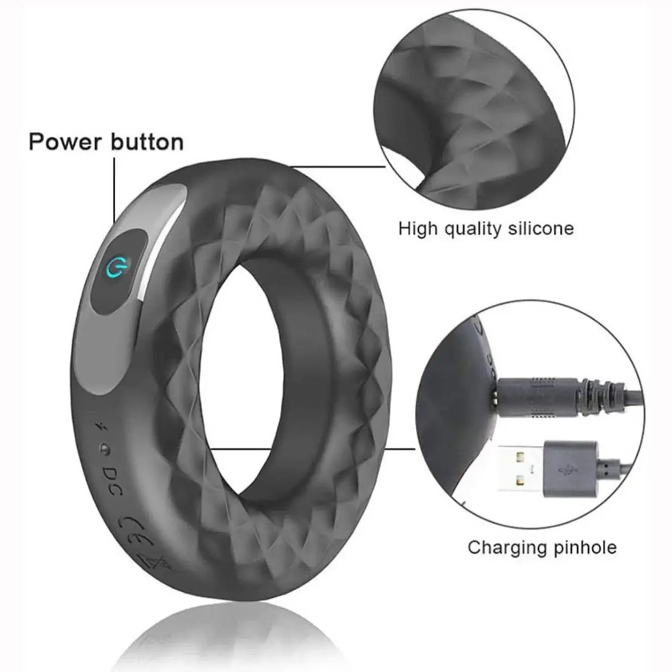 USB Rechargeable Silicone Cock Ring Vibrator Locks Penis Stimulating Toy For Men Masturbating
