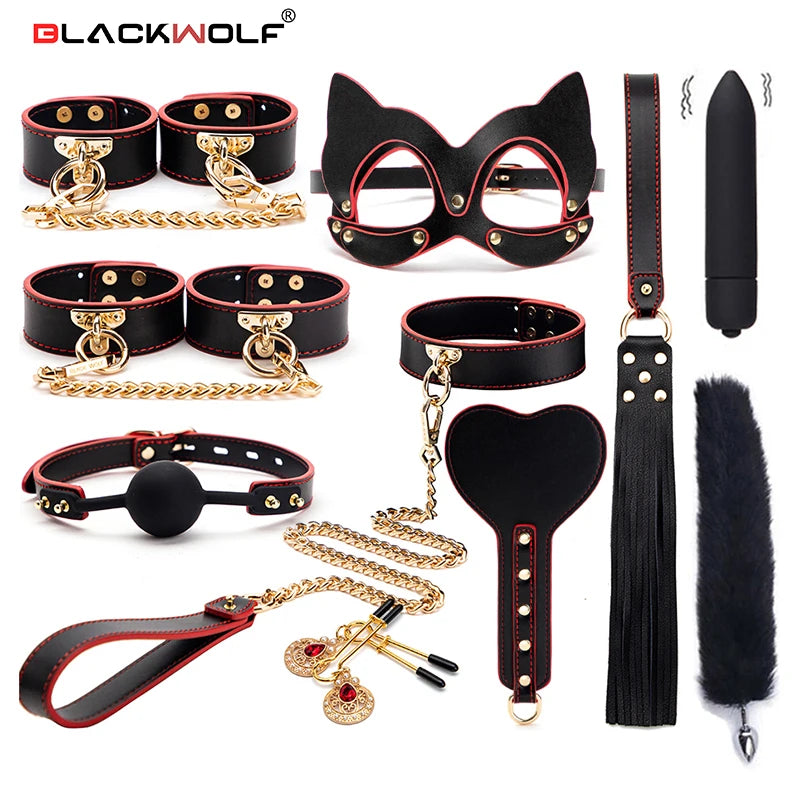 BLACKWOLF BDSM Kits Genuine Leather Bondage Set Fetish Handcuffs Collar Gag Whip Erotic Sex Toys For Women Couples Adult Games