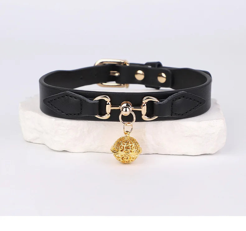CKQU BDSM Leather Adjustable Neck Collar with Metal Chain & Bell for Adult Bondage Roleplay Luminous Safe Control Hot Sale