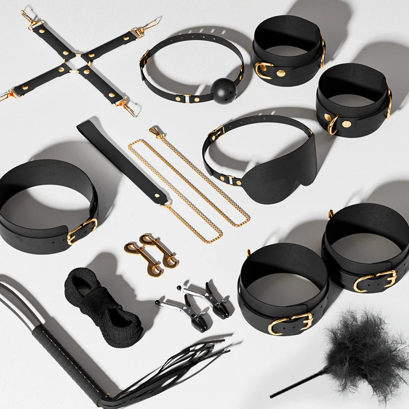 Sexy BDSM Leather Plush Bundle Set, Exotic Sex Toy, Gear Collar, Hip, Oral Erotic Bundle, Eye Mask, Whipping Nipple Clip