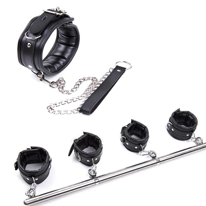 Stainless Steel Adjustable Open Leg Bar Handcuffs Ankle Cuffs Lockable Bondage Set Sex Slave Restraints Dog Collar Sex Toys BDSM