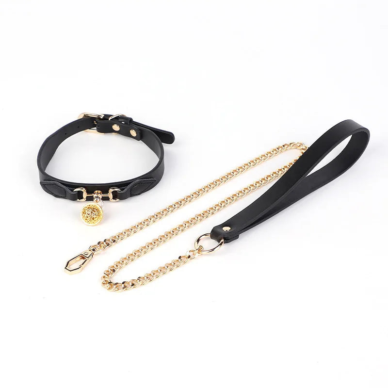CKQU BDSM Leather Adjustable Neck Collar with Metal Chain & Bell for Adult Bondage Roleplay Luminous Safe Control Hot Sale