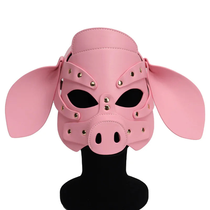 PU Leather Cute Pig Cosplay Full Face Mask Fetish Animal Masks Metal Rivet Head Cover For Sexy Adult Party Headgear Role Play