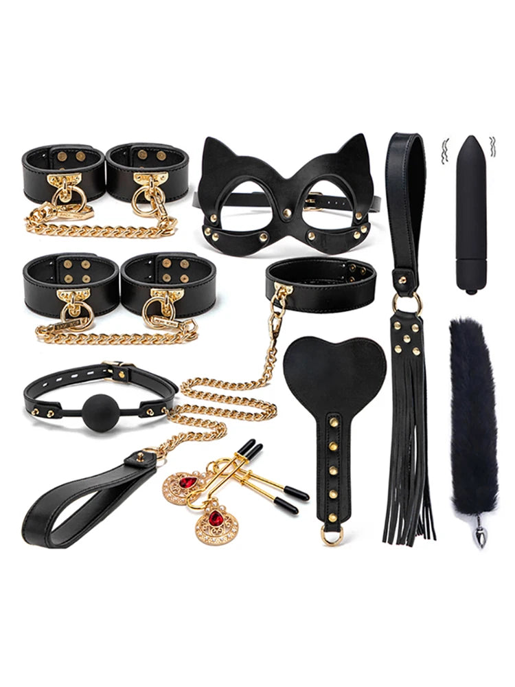 BLACKWOLF BDSM Kits Genuine Leather Bondage Set Fetish Handcuffs Collar Gag Whip Erotic Sex Toys For Women Couples Adult Games