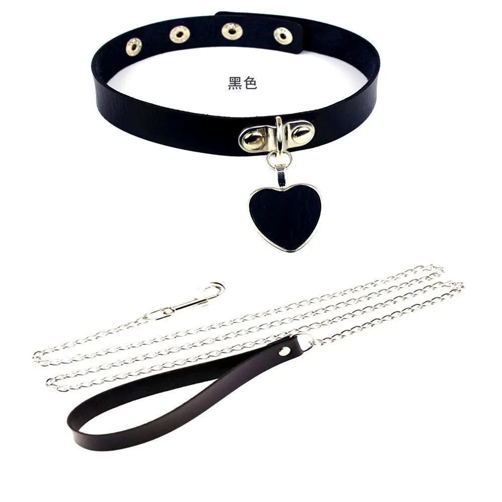 CKQU BDSM Leather Adjustable Neck Collar with Metal Chain & Bell for Adult Bondage Roleplay Luminous Safe Control Hot Sale