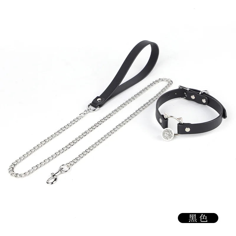 CKQU BDSM Leather Adjustable Neck Collar with Metal Chain & Bell for Adult Bondage Roleplay Luminous Safe Control Hot Sale