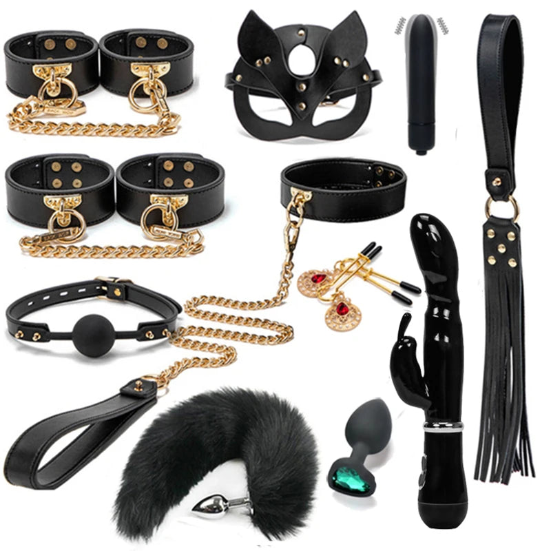BLACKWOLF BDSM Kits Genuine Leather Bondage Set Fetish Handcuffs Collar Gag Whip Erotic Sex Toys For Women Couples Adult Games