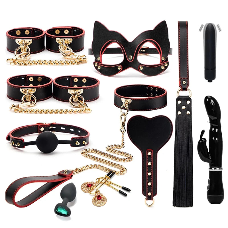 BLACKWOLF BDSM Kits Genuine Leather Bondage Set Fetish Handcuffs Collar Gag Whip Erotic Sex Toys For Women Couples Adult Games