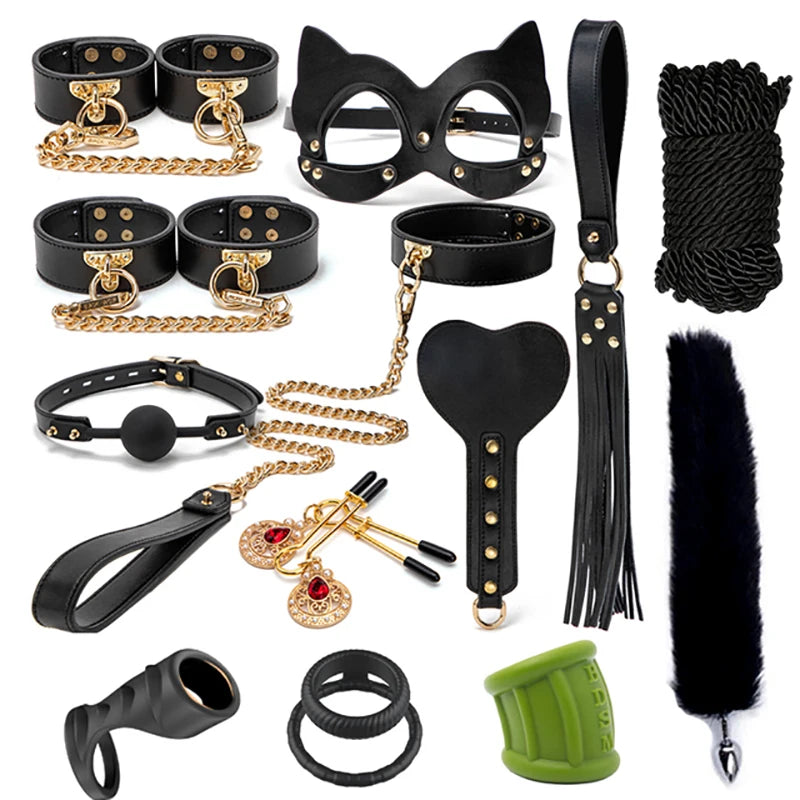 BLACKWOLF BDSM Kits Genuine Leather Bondage Set Fetish Handcuffs Collar Gag Whip Erotic Sex Toys For Women Couples Adult Games