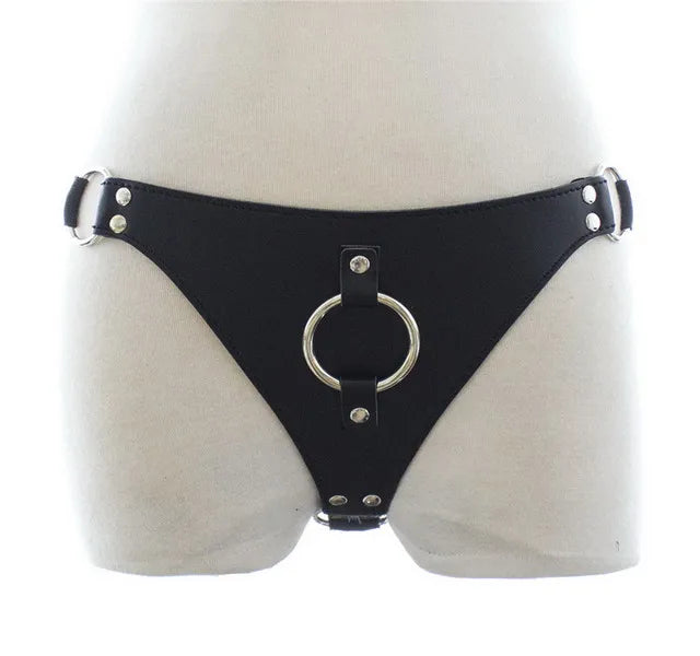 Black leather front with hoop chasitity pants.
