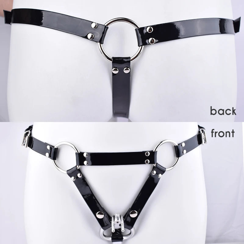 Adjustable PU Belt Harness with Metal Rings for Chastity Cage - BDSM Bondage Gear
