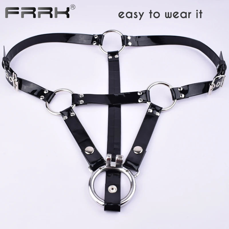 Adjustable PU Belt Harness with Metal Rings for Chastity Cage - BDSM Bondage Gear