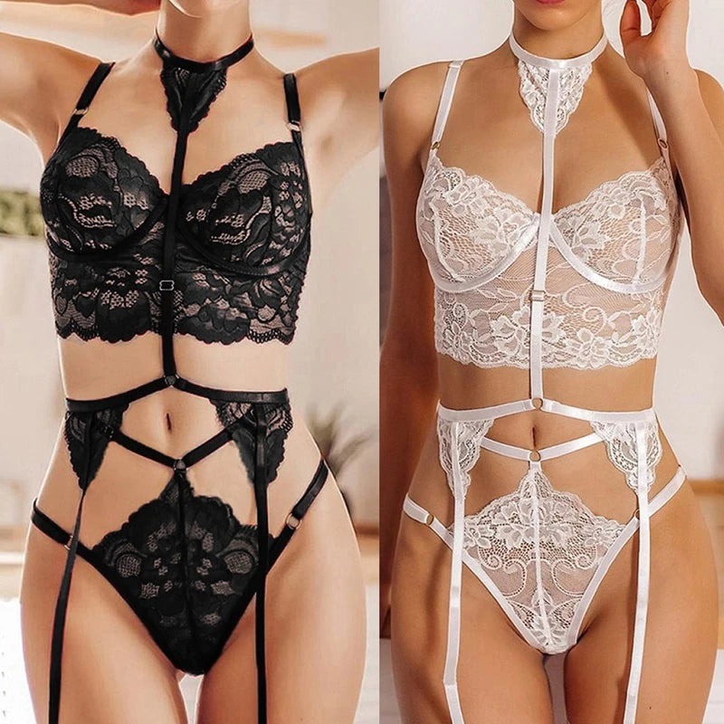3pcs/set bra+ garter belt + Gstring thong