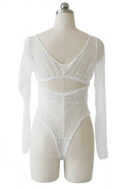 Lace deep V stitching long sleeves sexy lingerie