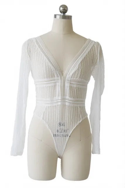 Lace deep V stitching long sleeves sexy lingerie