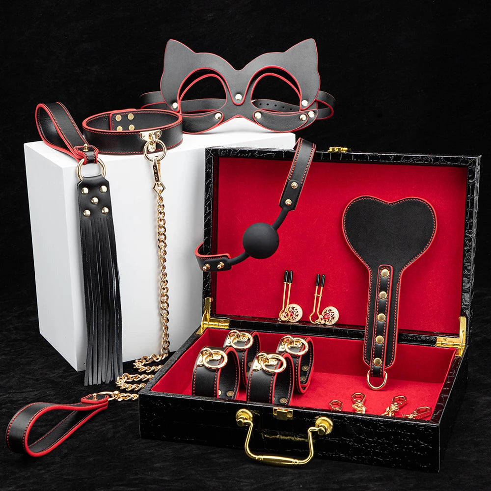 BLACKWOLF BDSM Kits Genuine Leather Bondage Set Fetish Handcuffs Collar Gag Whip Erotic Sex Toys For Women Couples Adult Games