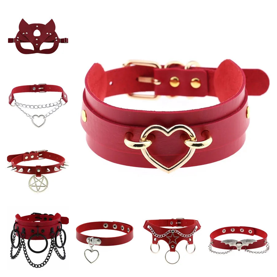 Exotic Accessories of Red Leather Half Face Fetish Cat Eye Mask with Ears for Couples Flirt Sex Toys Sexy Punk Collar Costumes