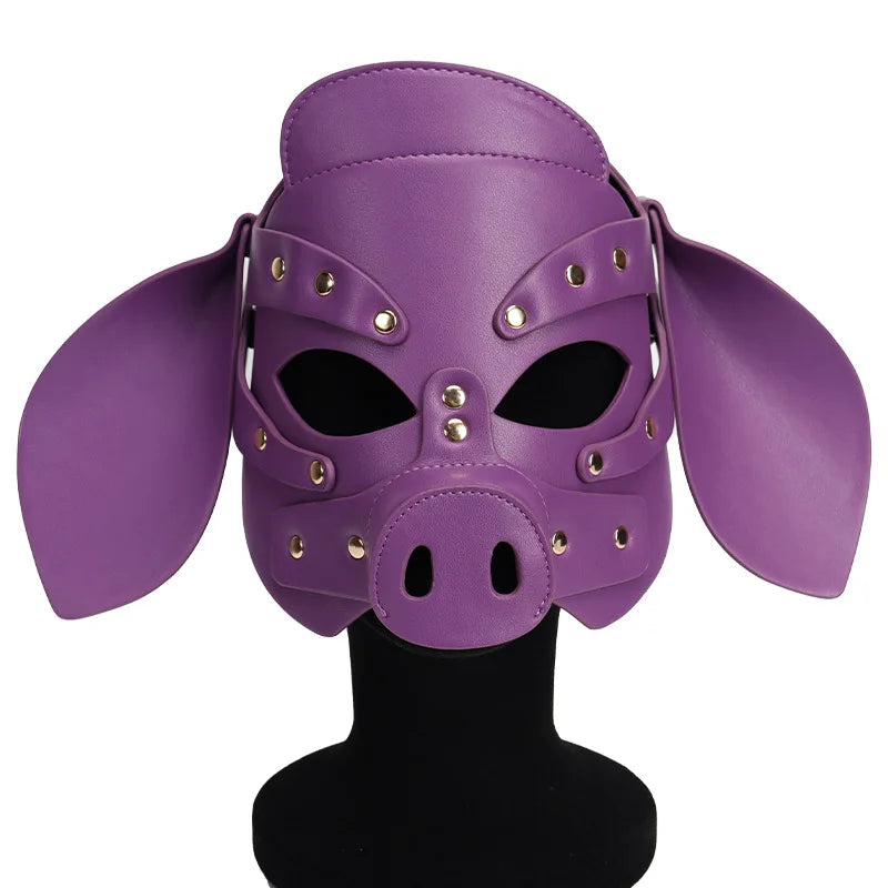 PU Leather Cute Pig Cosplay Full Face Mask Fetish Animal Masks Metal Rivet Head Cover For Sexy Adult Party Headgear Role Play