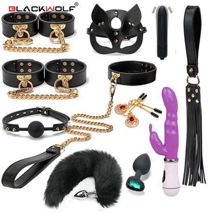 BLACKWOLF BDSM Kits Genuine Leather Bondage Set Fetish Handcuffs Collar Gag Whip Erotic Sex Toys For Women Couples Adult Games