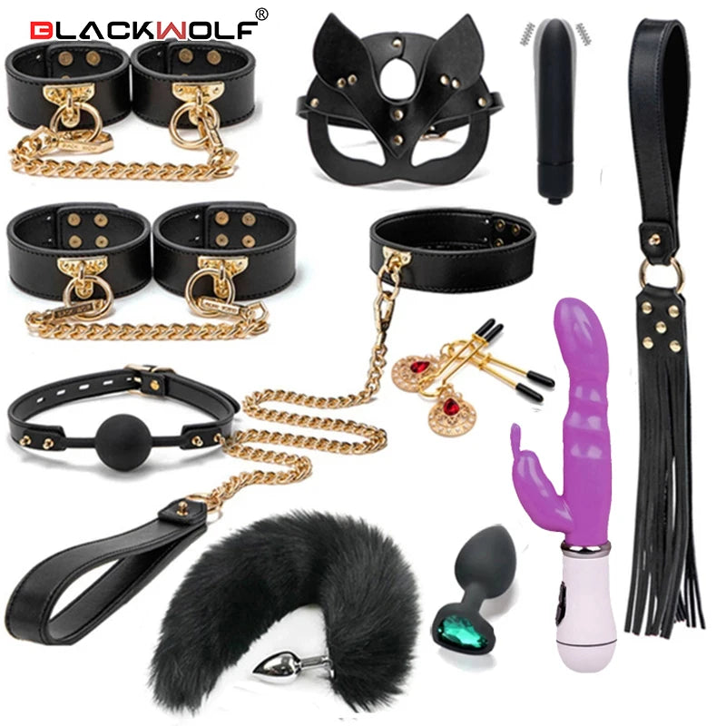 BLACKWOLF BDSM Kits Genuine Leather Bondage Set Fetish Handcuffs Collar Gag Whip Erotic Sex Toys For Women Couples Adult Games