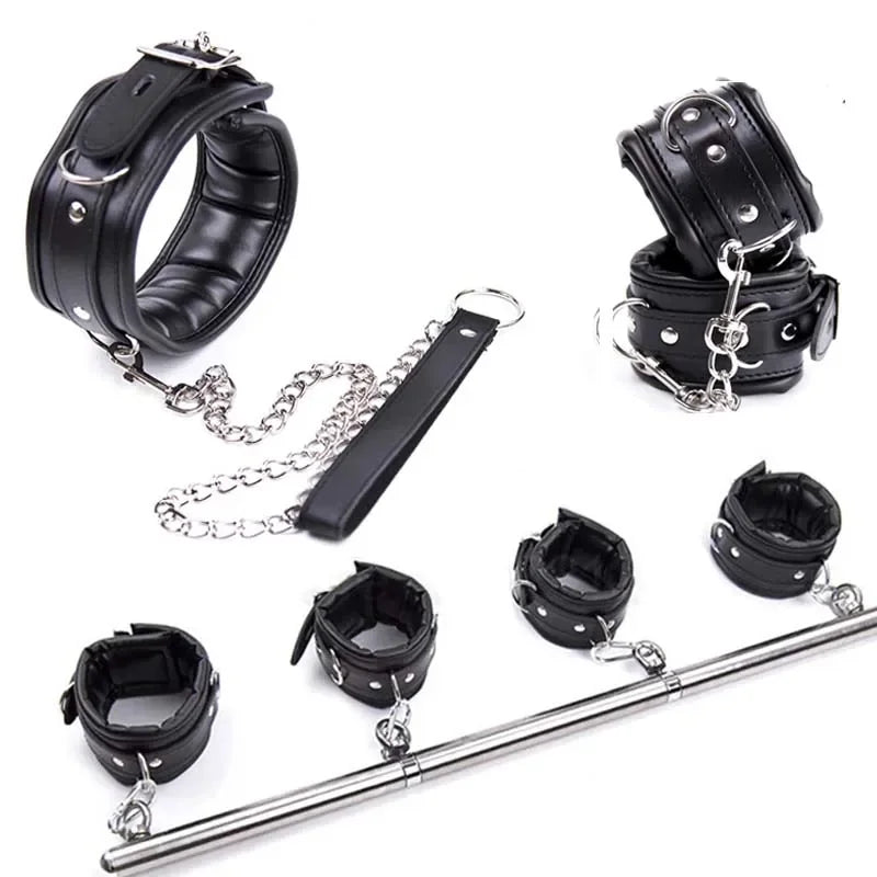 Stainless Steel Adjustable Open Leg Bar Handcuffs Ankle Cuffs Lockable Bondage Set Sex Slave Restraints Dog Collar Sex Toys BDSM