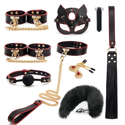 BLACKWOLF BDSM Kits Genuine Leather Bondage Set Fetish Handcuffs Collar Gag Whip Erotic Sex Toys For Women Couples Adult Games