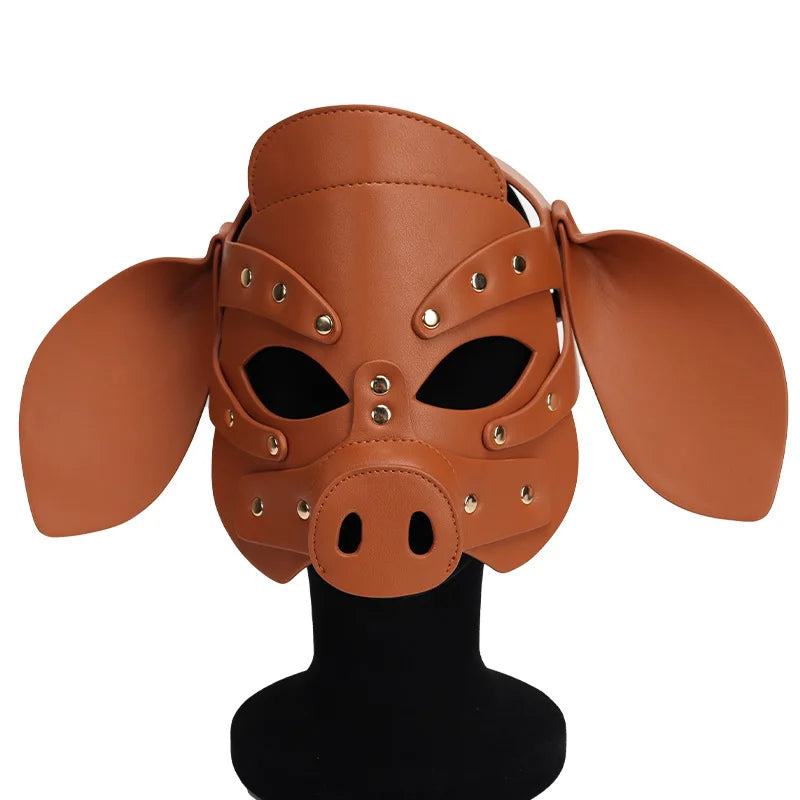 PU Leather Cute Pig Cosplay Full Face Mask Fetish Animal Masks Metal Rivet Head Cover For Sexy Adult Party Headgear Role Play