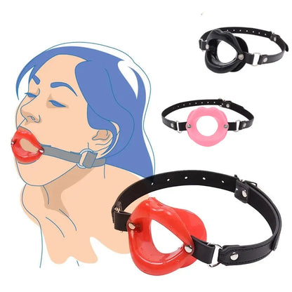 BDSM Bondage Slave Flirting Restraint Erotic PU Leather Lips Ring Open Mouth Gag Silicone Ball Sex Toy for Couples Adult Games