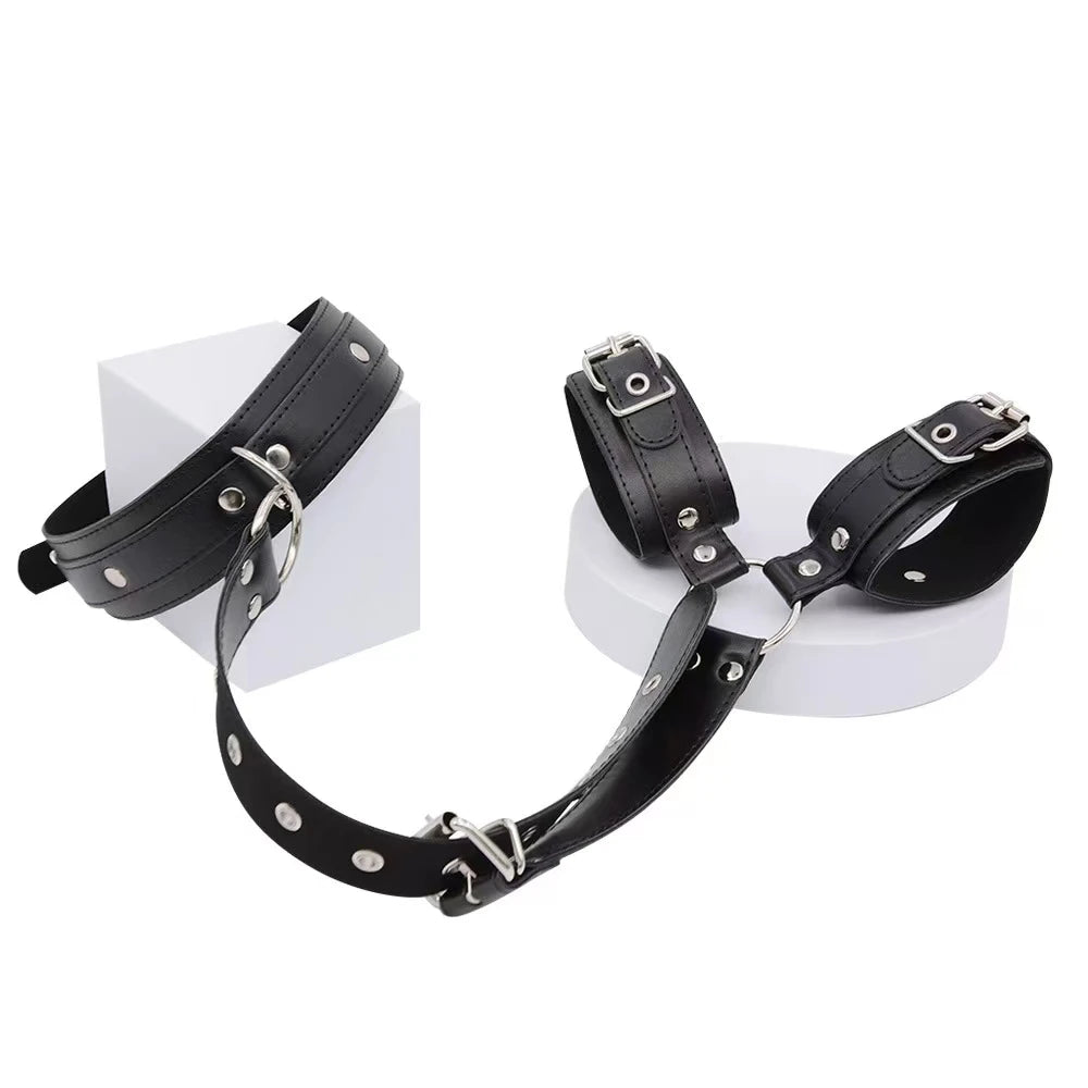 Adjustable Neck to Wrist Restraints Kit for Couples Sexy BDSM behind Back Handcuffs Collar Bondage Set for SM Sex Game Tool