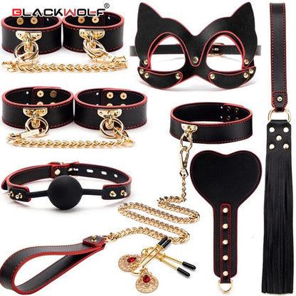 BLACKWOLF BDSM Kits Genuine Leather Bondage Set Fetish Handcuffs Collar Gag Whip Erotic Sex Toys For Women Couples Adult Games
