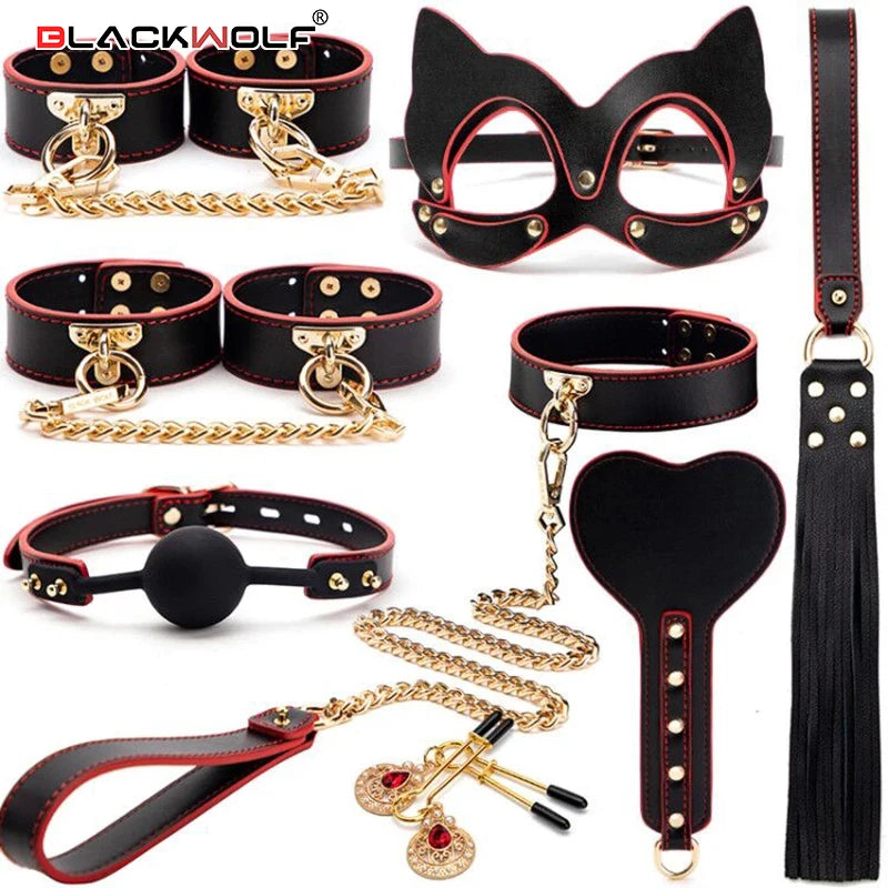 BLACKWOLF BDSM Kits Genuine Leather Bondage Set Fetish Handcuffs Collar Gag Whip Erotic Sex Toys For Women Couples Adult Games
