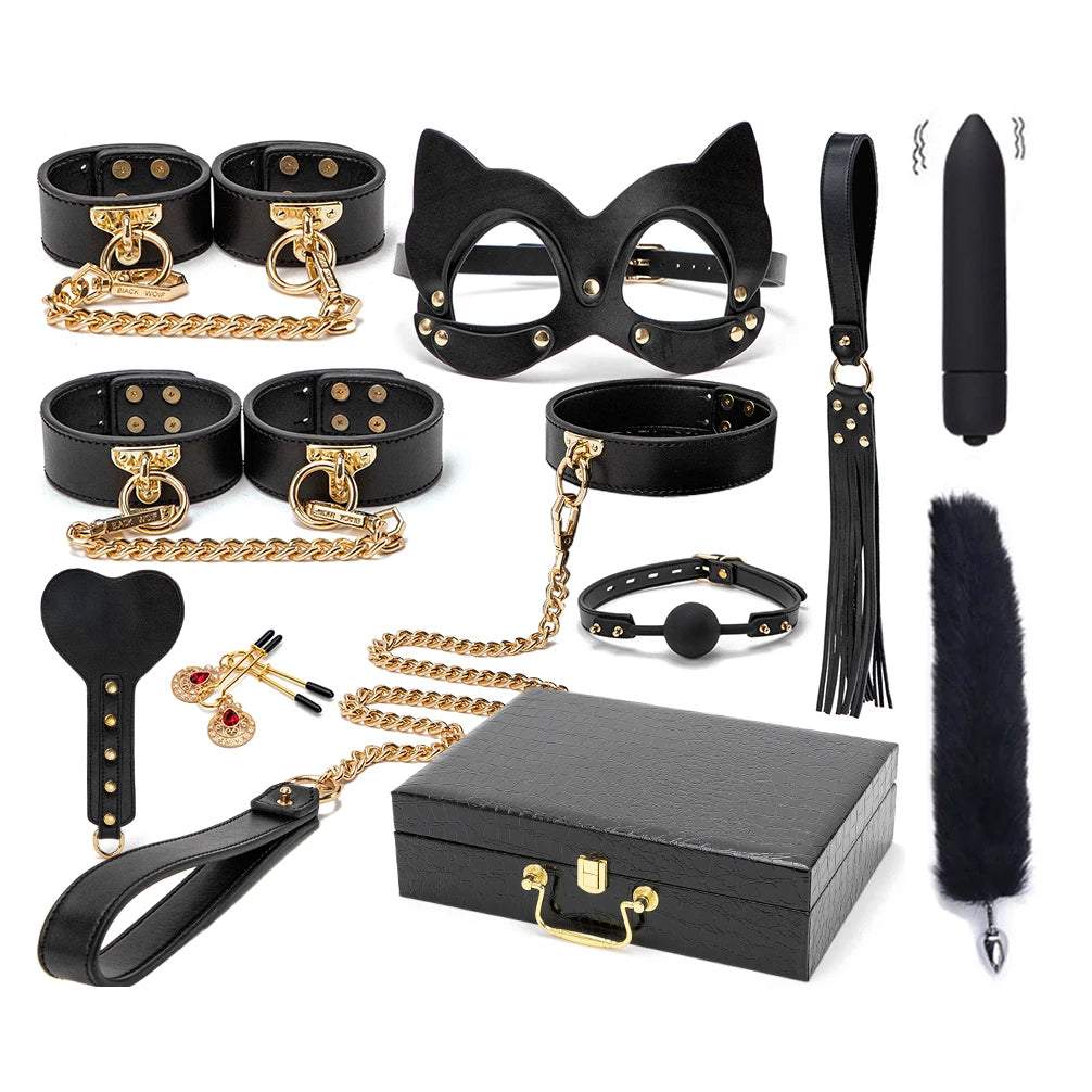 BLACKWOLF BDSM Kits Genuine Leather Bondage Set Fetish Handcuffs Collar Gag Whip Erotic Sex Toys For Women Couples Adult Games