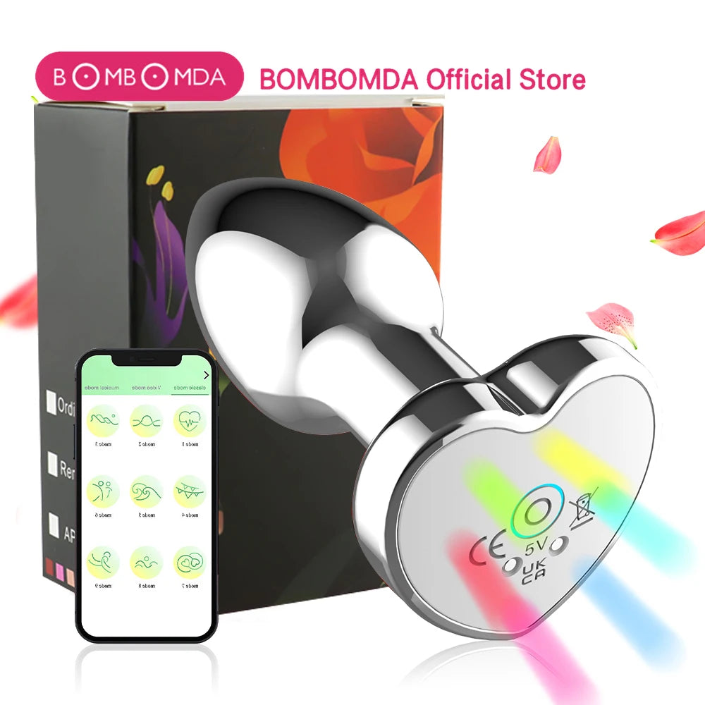 Vibrating Remote Heart-Shaped App Control Man and Woman Metal Anal Plug Adult Luminous Electric Anal Dildo Couple Intimate Toys