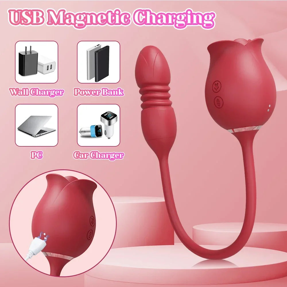 Rose-Sucking Sex Toys Dildo Vibrator for Women 3in1 Thrusting G Spot Anal Vibrators Stimulator Female Vibrating Egg Adult Toys