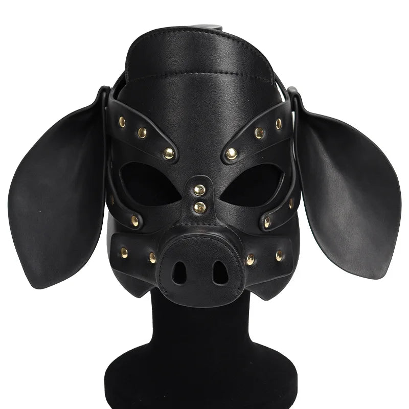 PU Leather Cute Pig Cosplay Full Face Mask Fetish Animal Masks Metal Rivet Head Cover For Sexy Adult Party Headgear Role Play