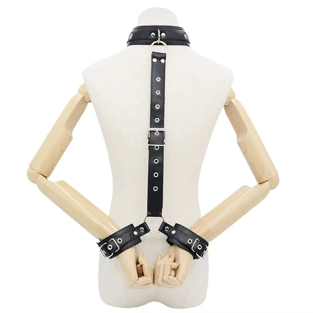 Adjustable Neck to Wrist Restraints Kit for Couples Sexy BDSM behind Back Handcuffs Collar Bondage Set for SM Sex Game Tool