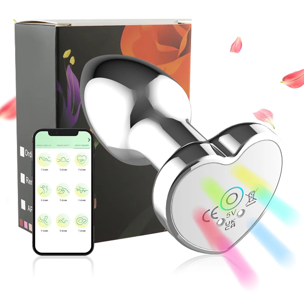 Vibrating Remote Heart-Shaped App Control Man and Woman Metal Anal Plug Adult Luminous Electric Anal Dildo Couple Intimate Toys