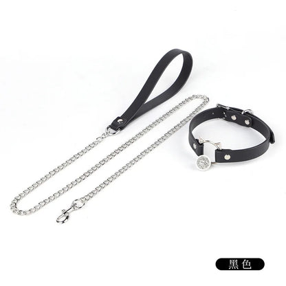 CKQU BDSM Leather Adjustable Neck Collar with Metal Chain & Bell for Adult Bondage Roleplay Luminous Safe Control Hot Sale